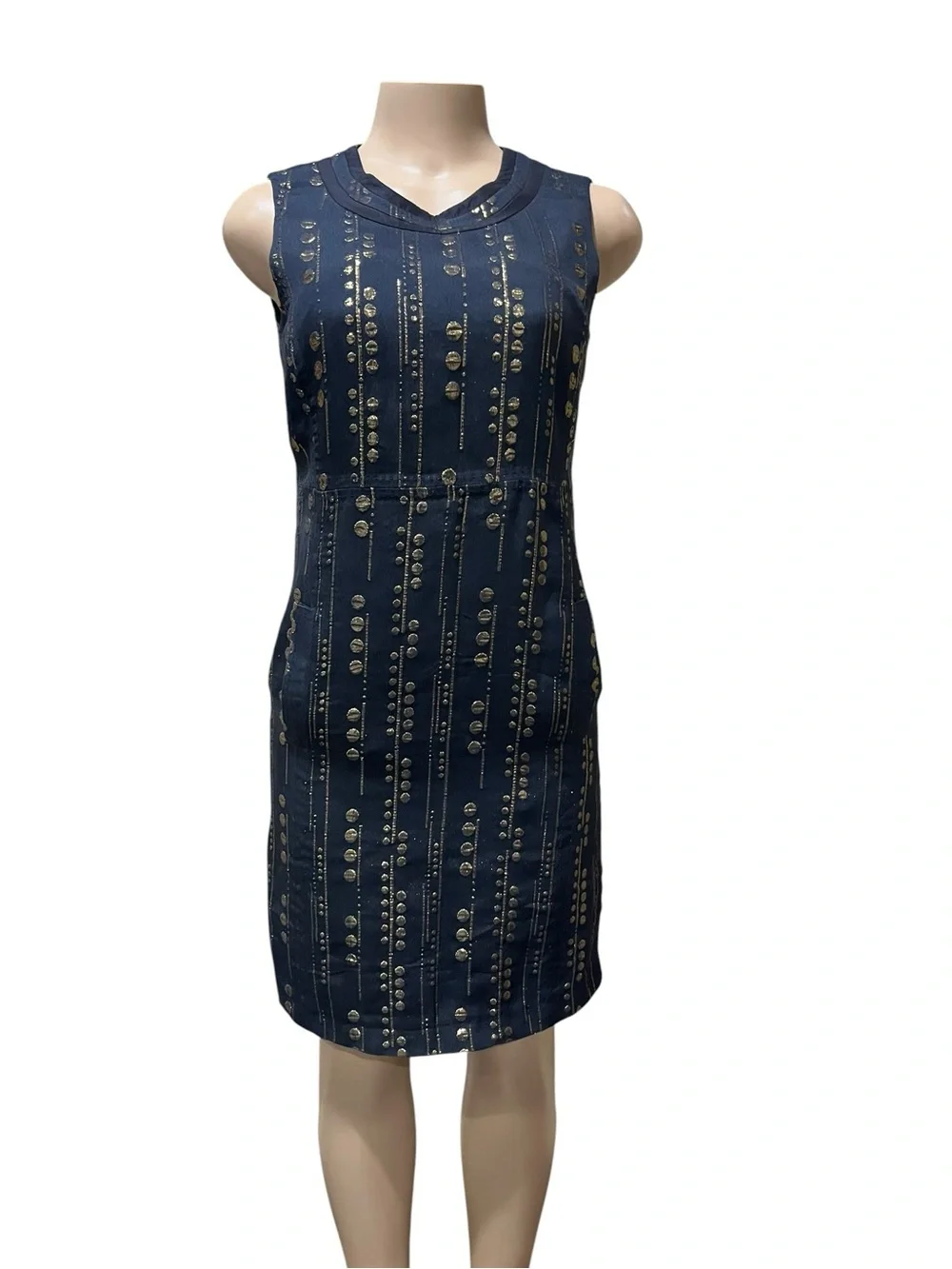 Tory Burch Navy Sleeveless Shift Dress with Metallic Dot Stripes